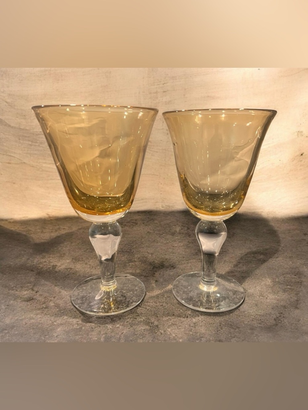 Pair of Handblown Honey Amber Large with Clear Stem. Designed By Arlington.
